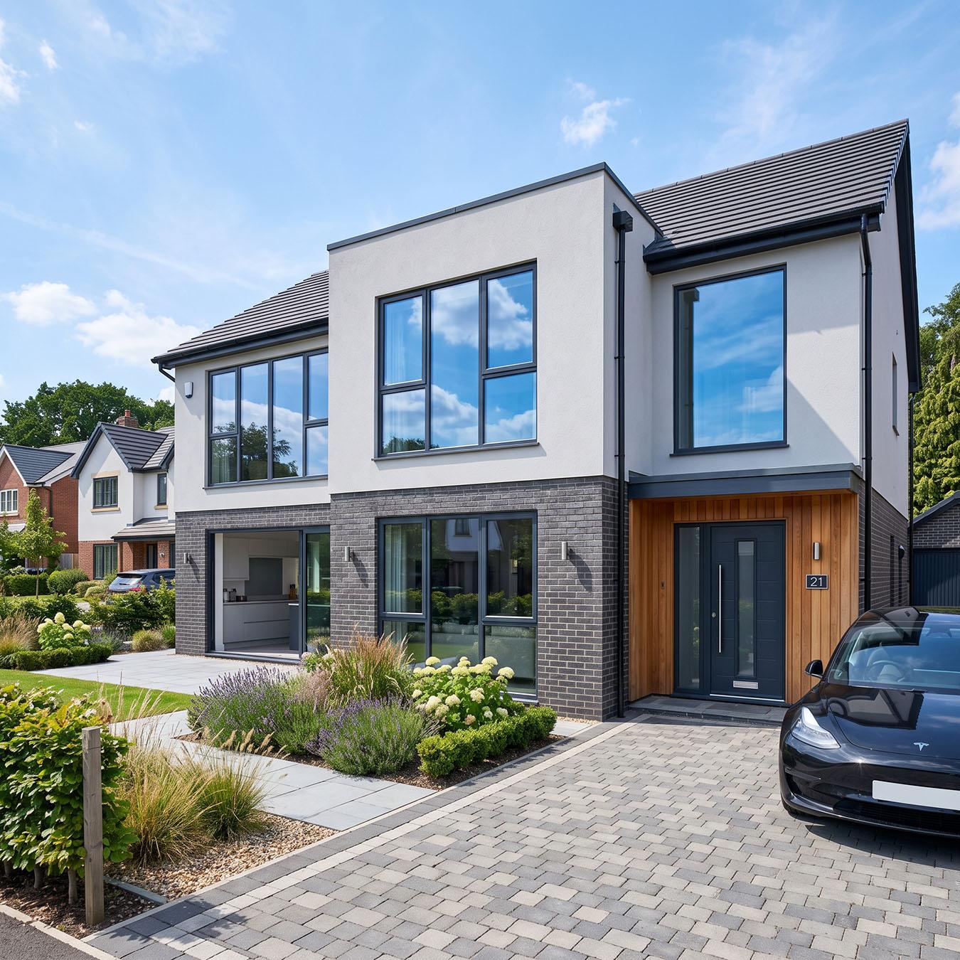 Modern anthracite grey uPVC windows on a contemporary UK home with slim frames and large glass areas.