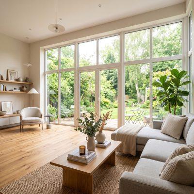 Slim profile uPVC windows offering a large glass area and maximum natural light in a modern living room.
