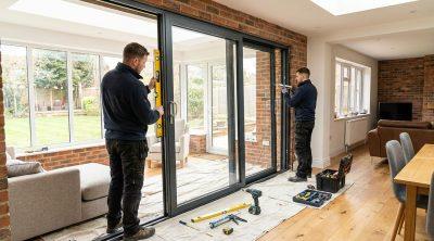 Installers fitting sliding patio door
