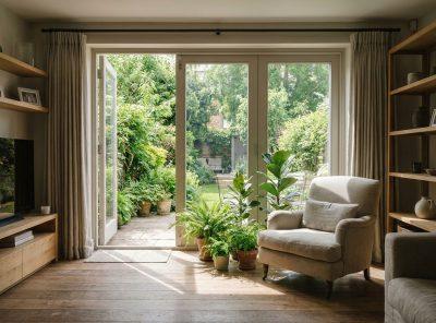 Living room transformed by lightand slide door