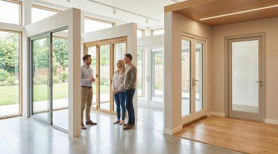 Sales advisor talking with couple about patio doors