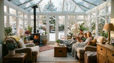 Family relaxing in winter conservatory
