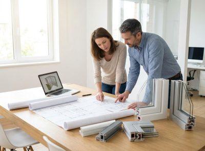 Homeowner and architect reviewing conservatory drawings