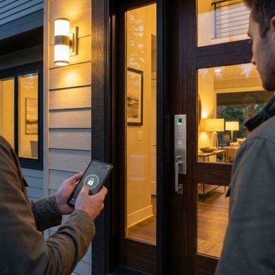 Homeowner unlocking smart door