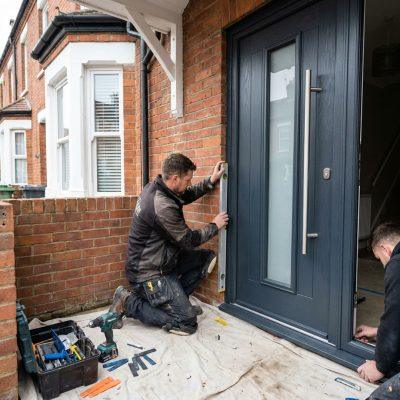 Installer fitting modern front door